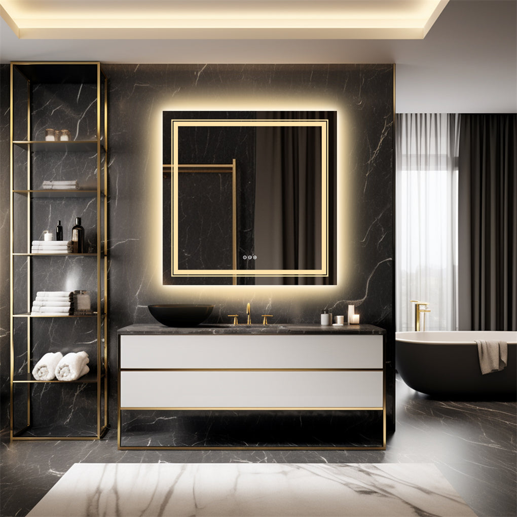 80cm Square LED Bathroom Mirror Dual Lights Anti-fog Makeup Mirror