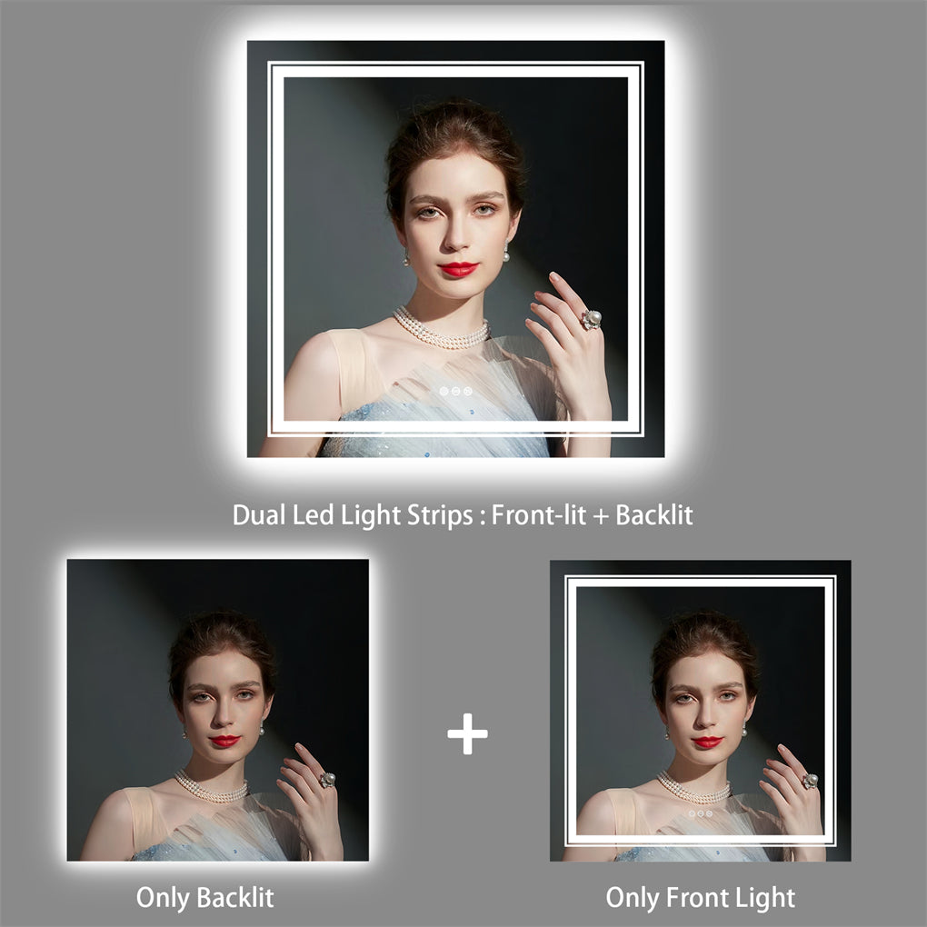 80cm Square LED Bathroom Mirror Dual Lights Anti-fog Makeup Mirror