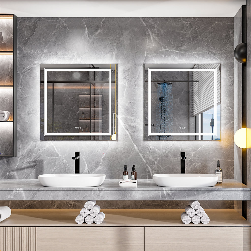 80cm Square LED Bathroom Mirror Dual Lights Anti-fog Makeup Mirror