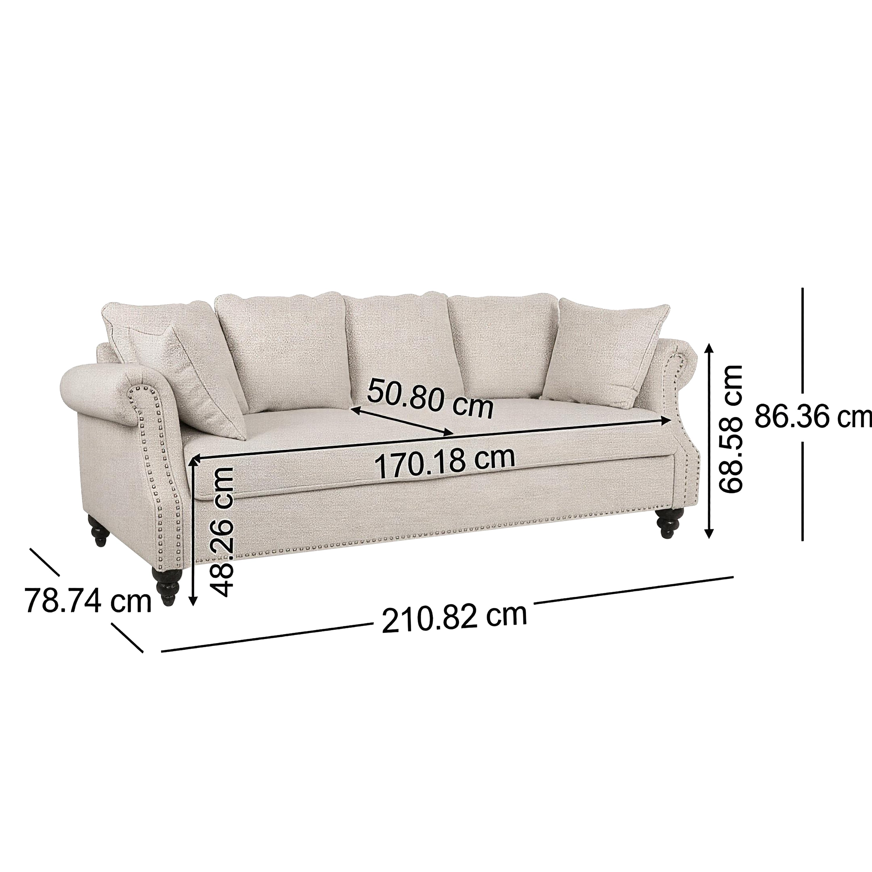 Contemporary Beige Upholstered Fabric 3-Seater Sofa with hug pillows