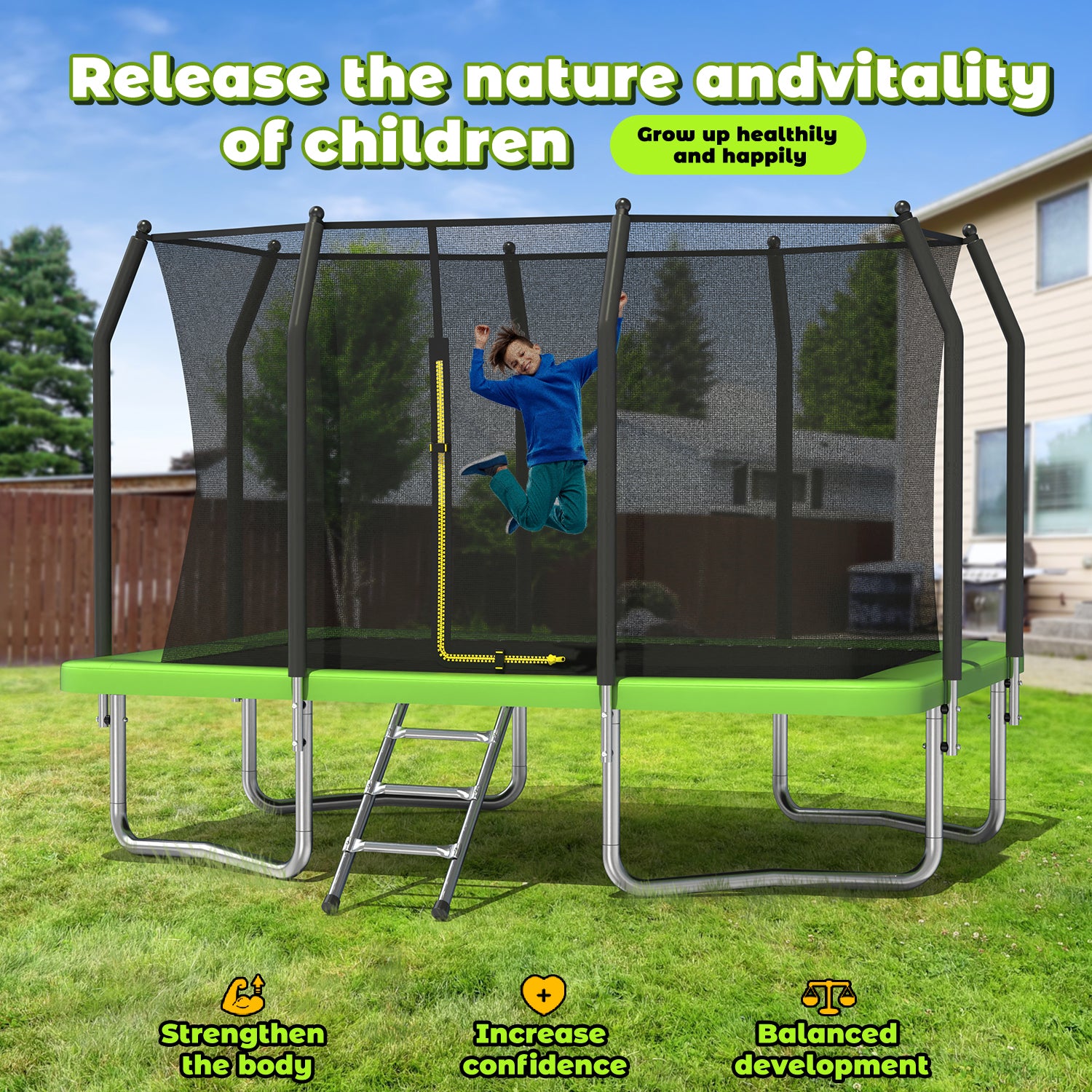 8FT x 11FT Rectangle Outdoor Trampoline, with Safety Enclosure Net