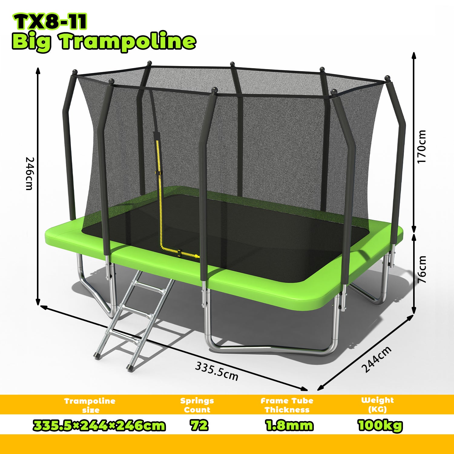 8FT x 11FT Rectangle Outdoor Trampoline, with Safety Enclosure Net