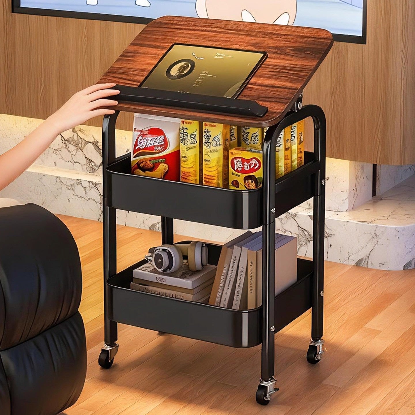 Mobile flip type handcart side table storage rack