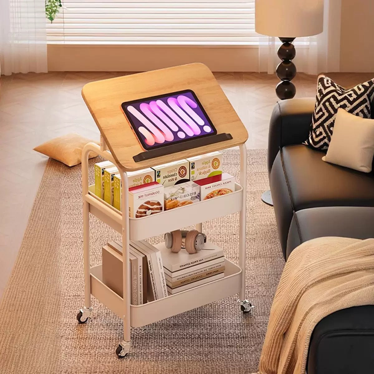 Mobile flip type handcart side table storage rack