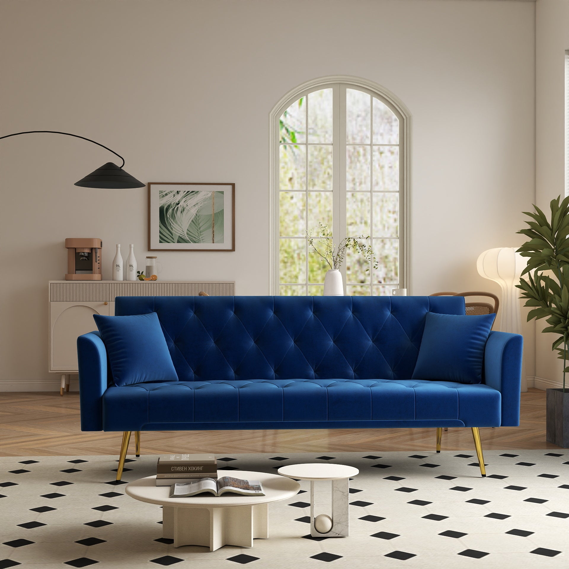 Modern convertible 72 inch foldable sleeper sofa with tufted