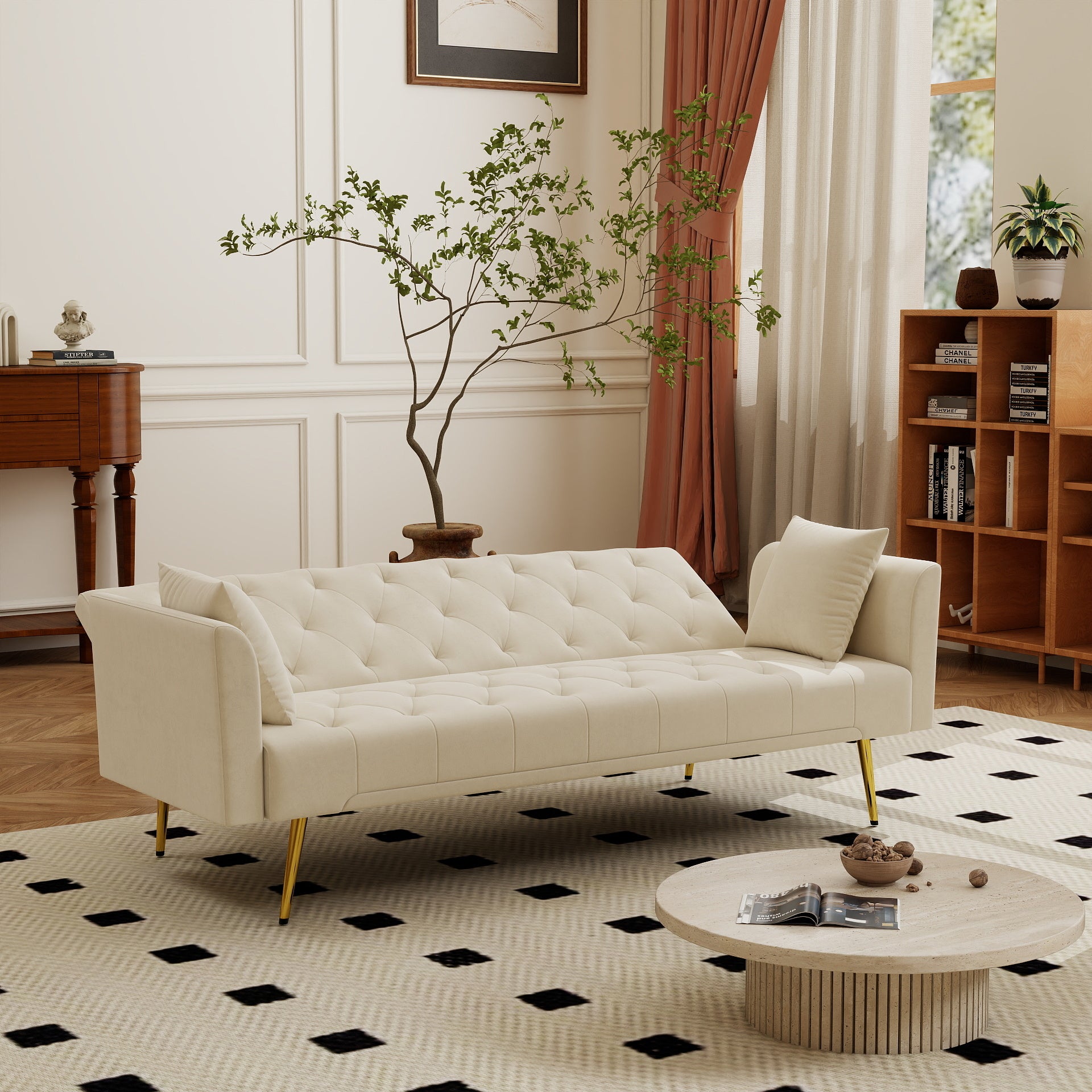 Modern convertible 72 inch foldable sleeper sofa with tufted
