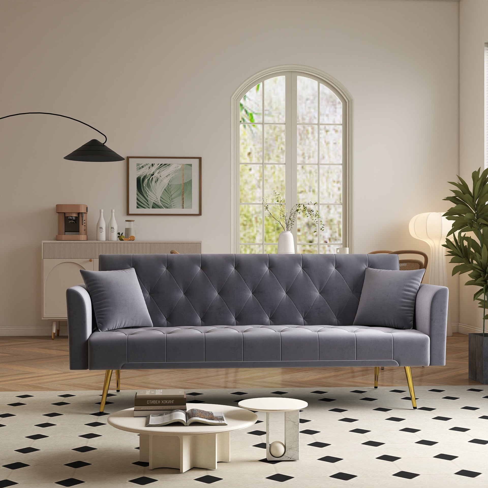 Modern convertible 72 inch foldable sleeper sofa with tufted