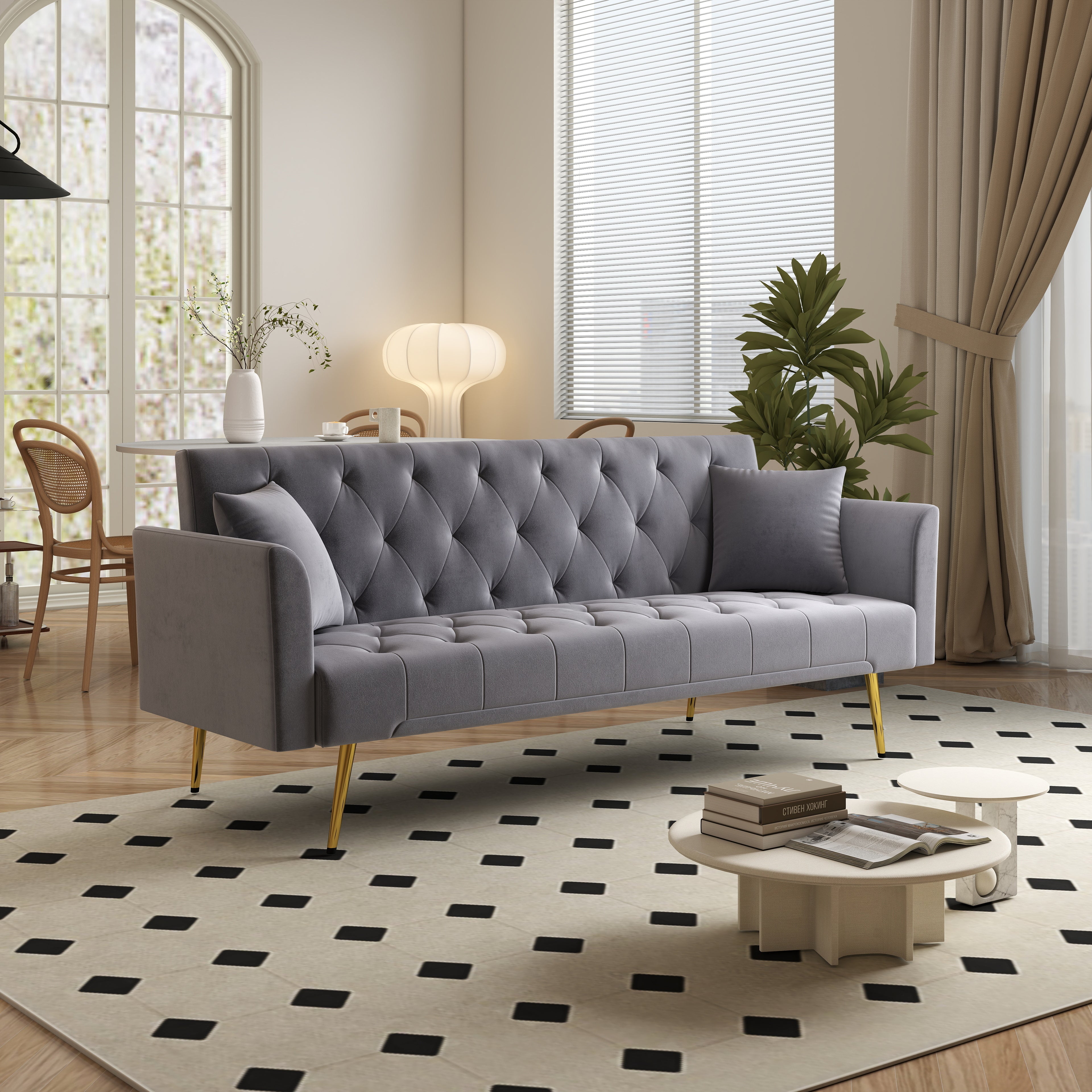 Modern convertible 72 inch foldable sleeper sofa with tufted