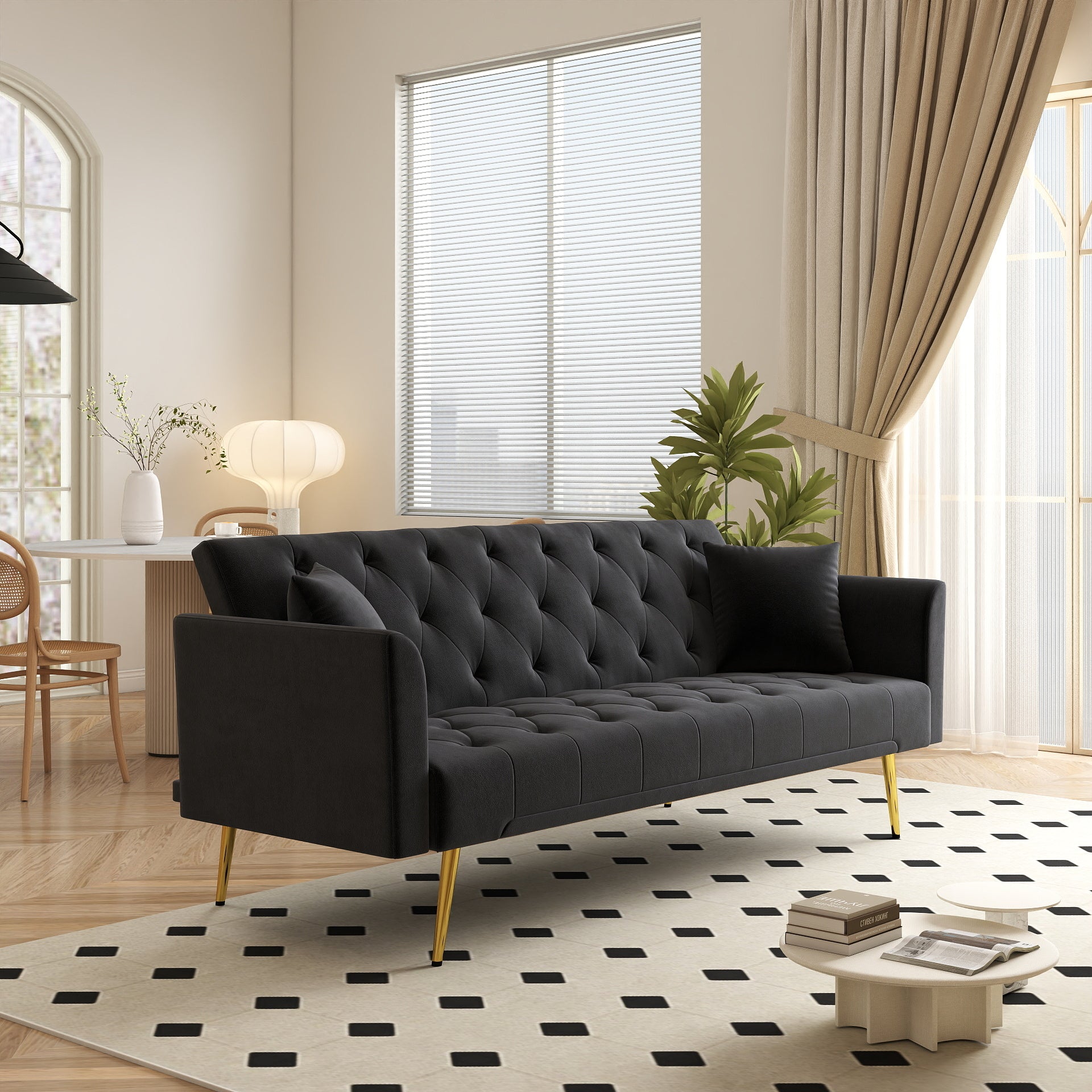 Modern convertible 72 inch foldable sleeper sofa with tufted