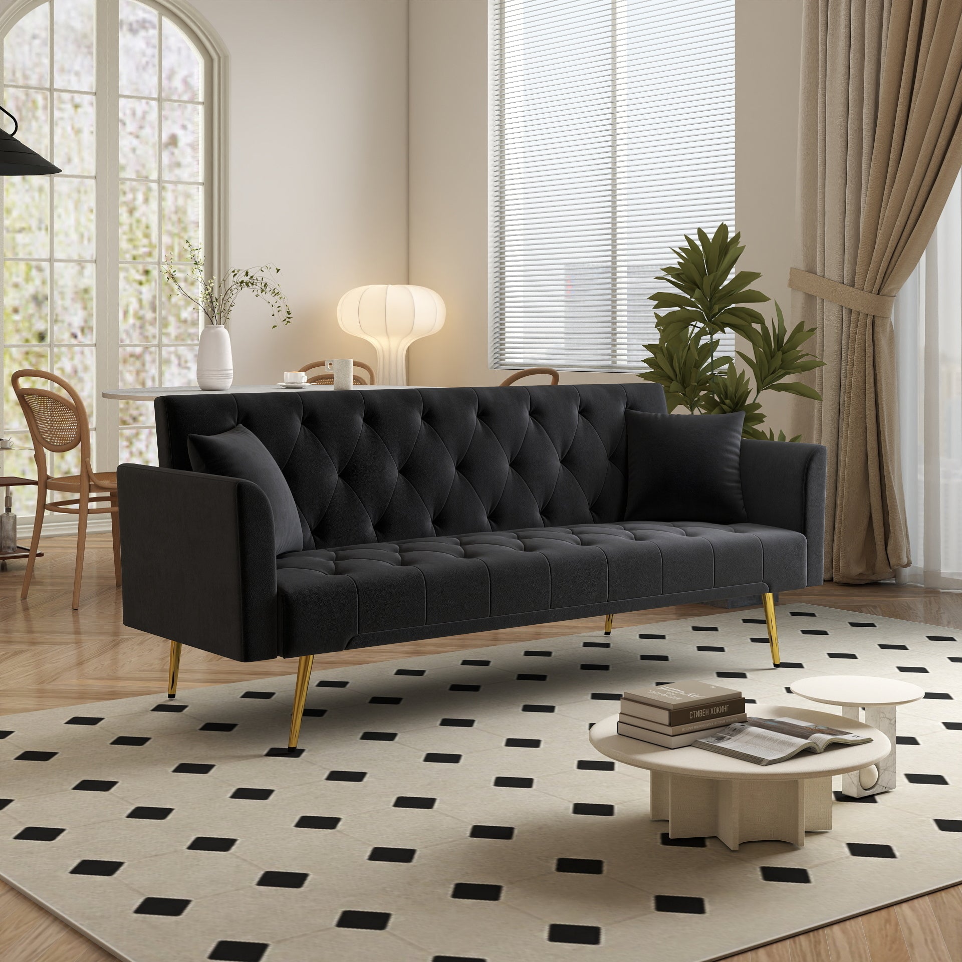Modern convertible 72 inch foldable sleeper sofa with tufted