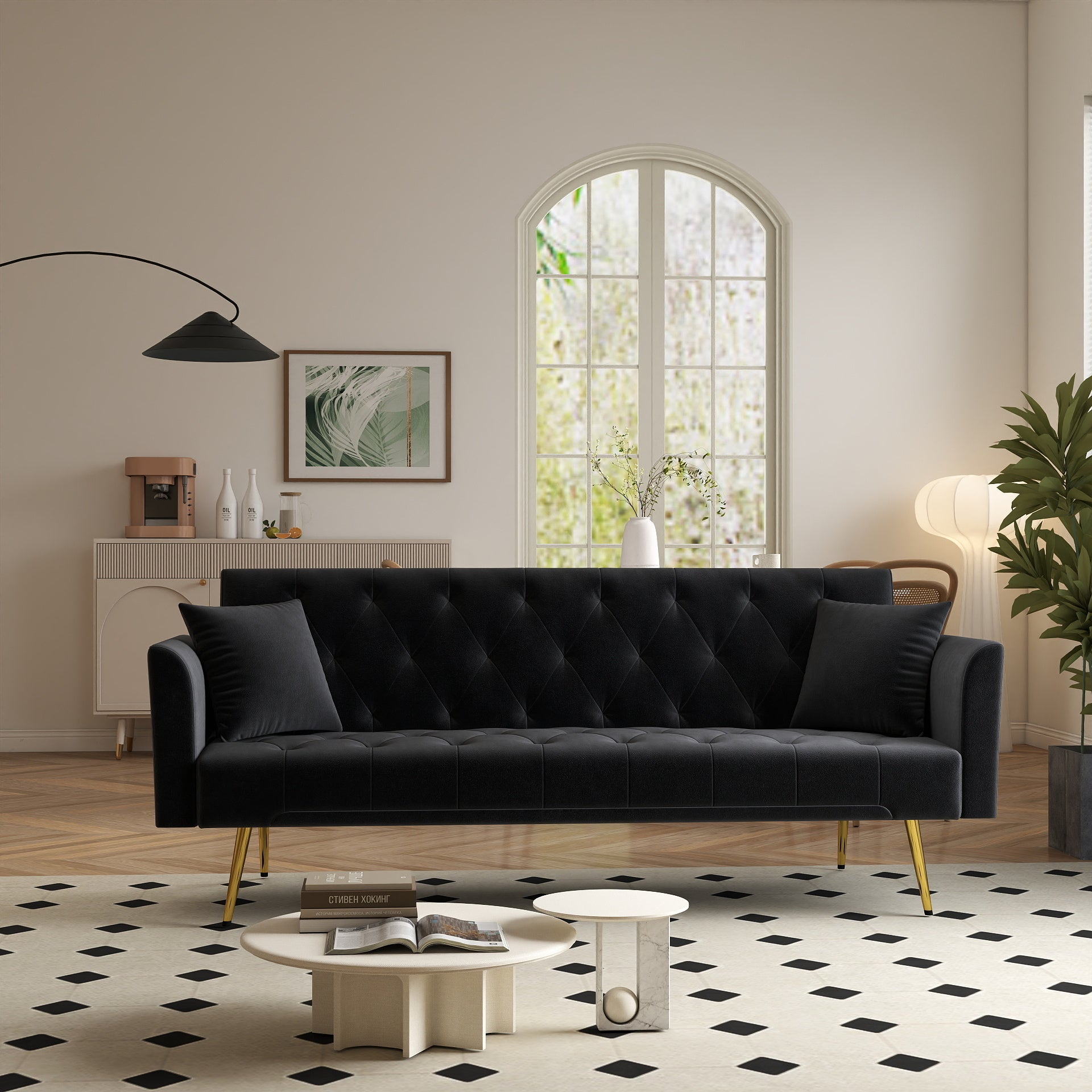 Modern convertible 72 inch foldable sleeper sofa with tufted