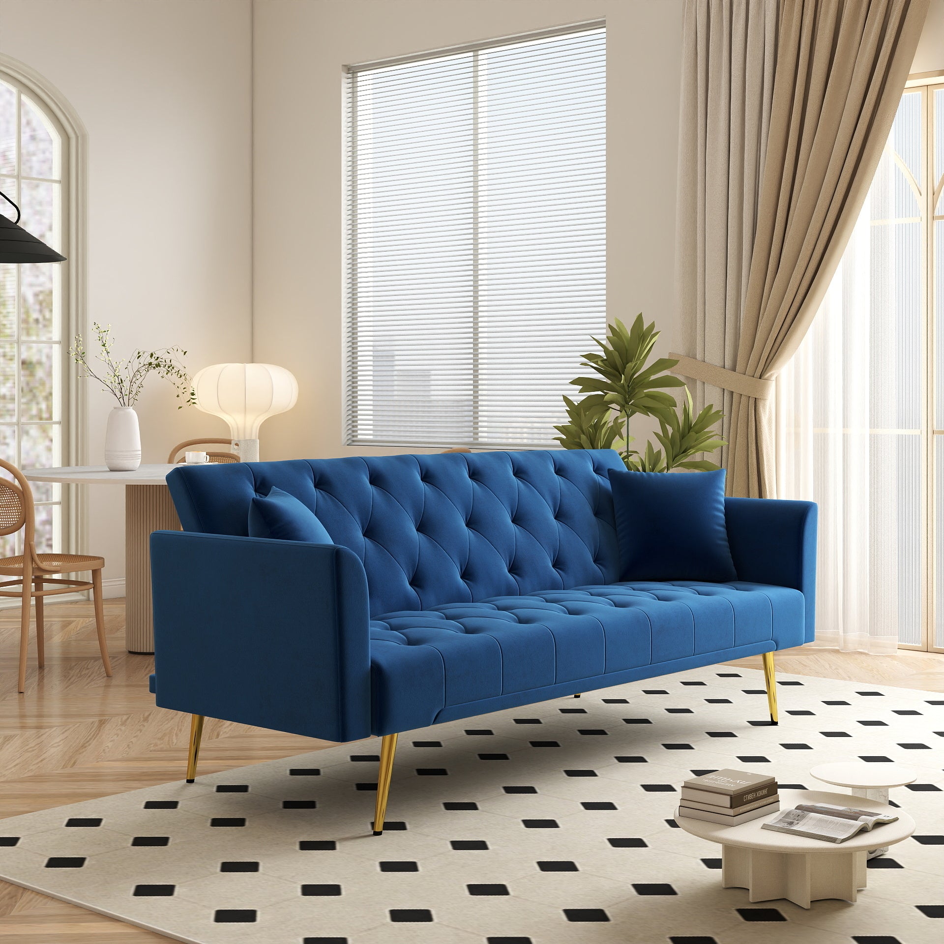 Modern convertible 72 inch foldable sleeper sofa with tufted