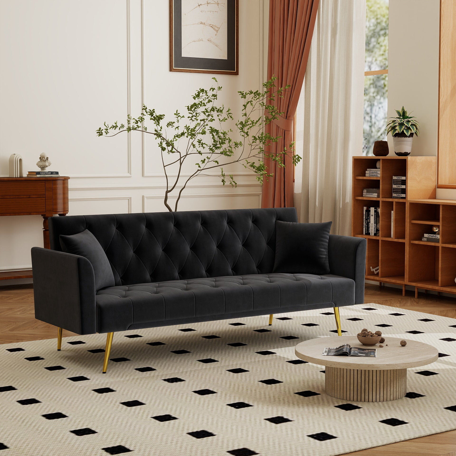 Modern convertible 72 inch foldable sleeper sofa with tufted