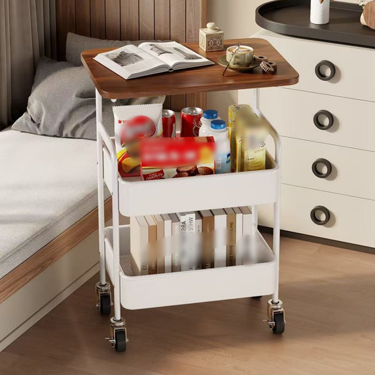 2-Tier Rolling Storage Cart Coffee Table Side Table