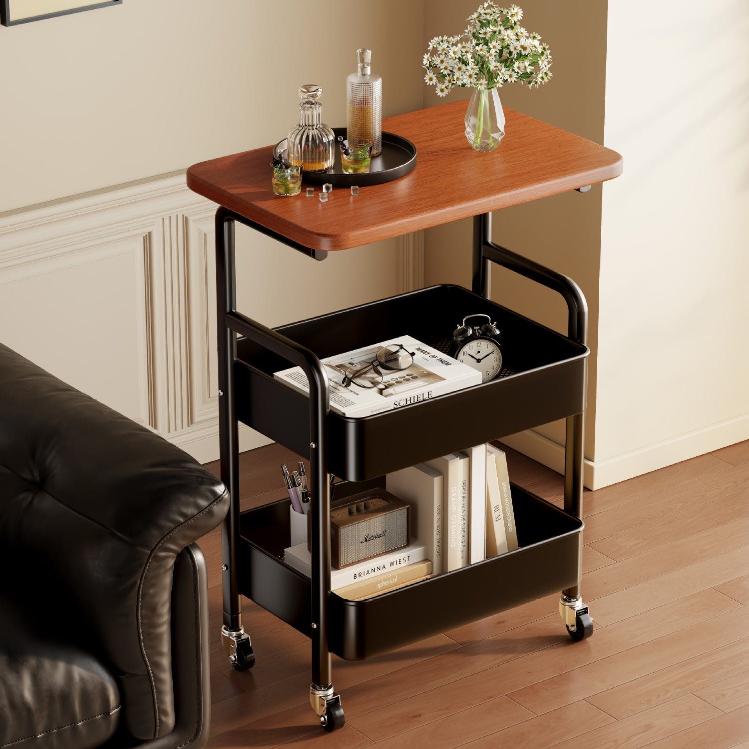 2-Tier Rolling Storage Cart Coffee Table Side Table