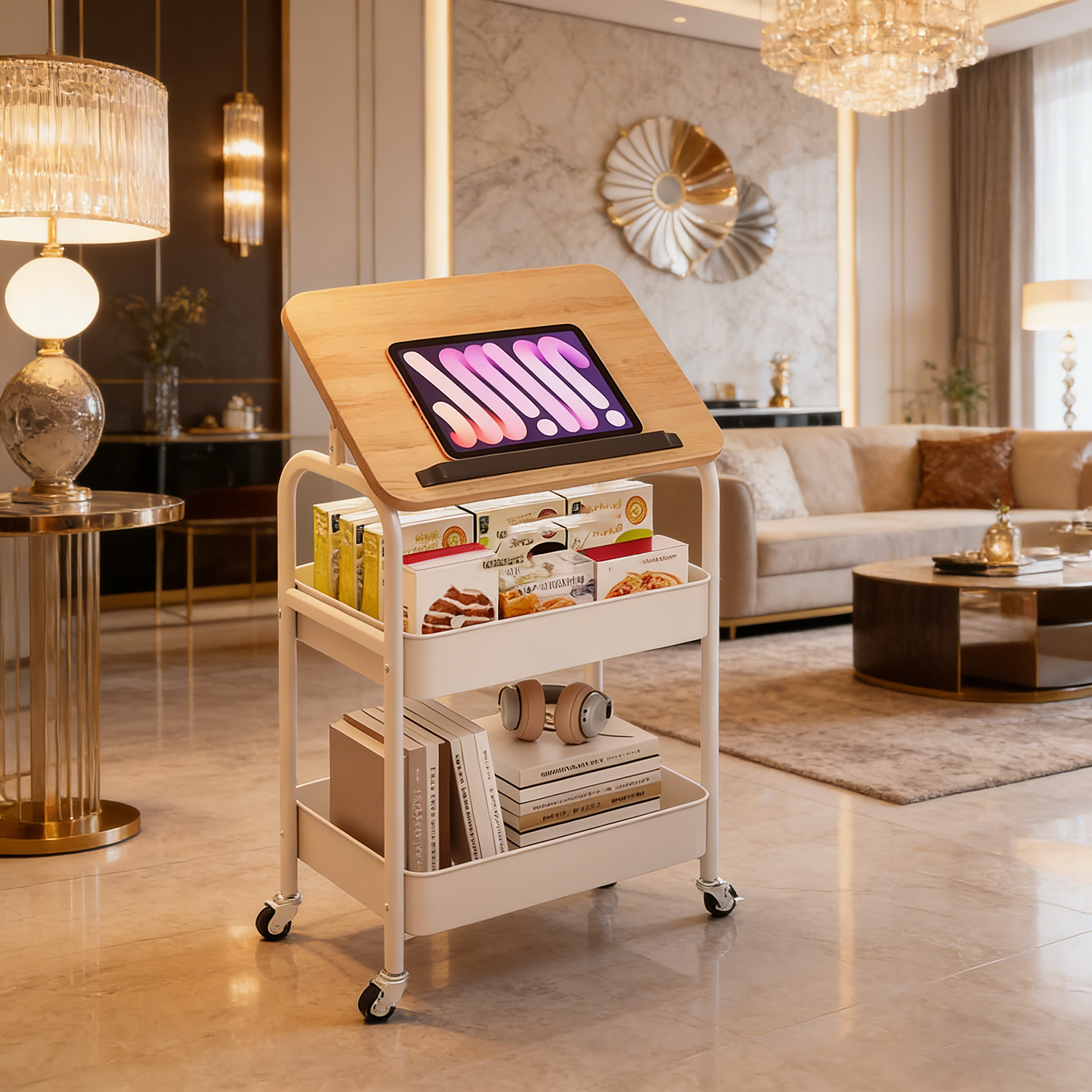 Mobile flip type handcart side table storage rack