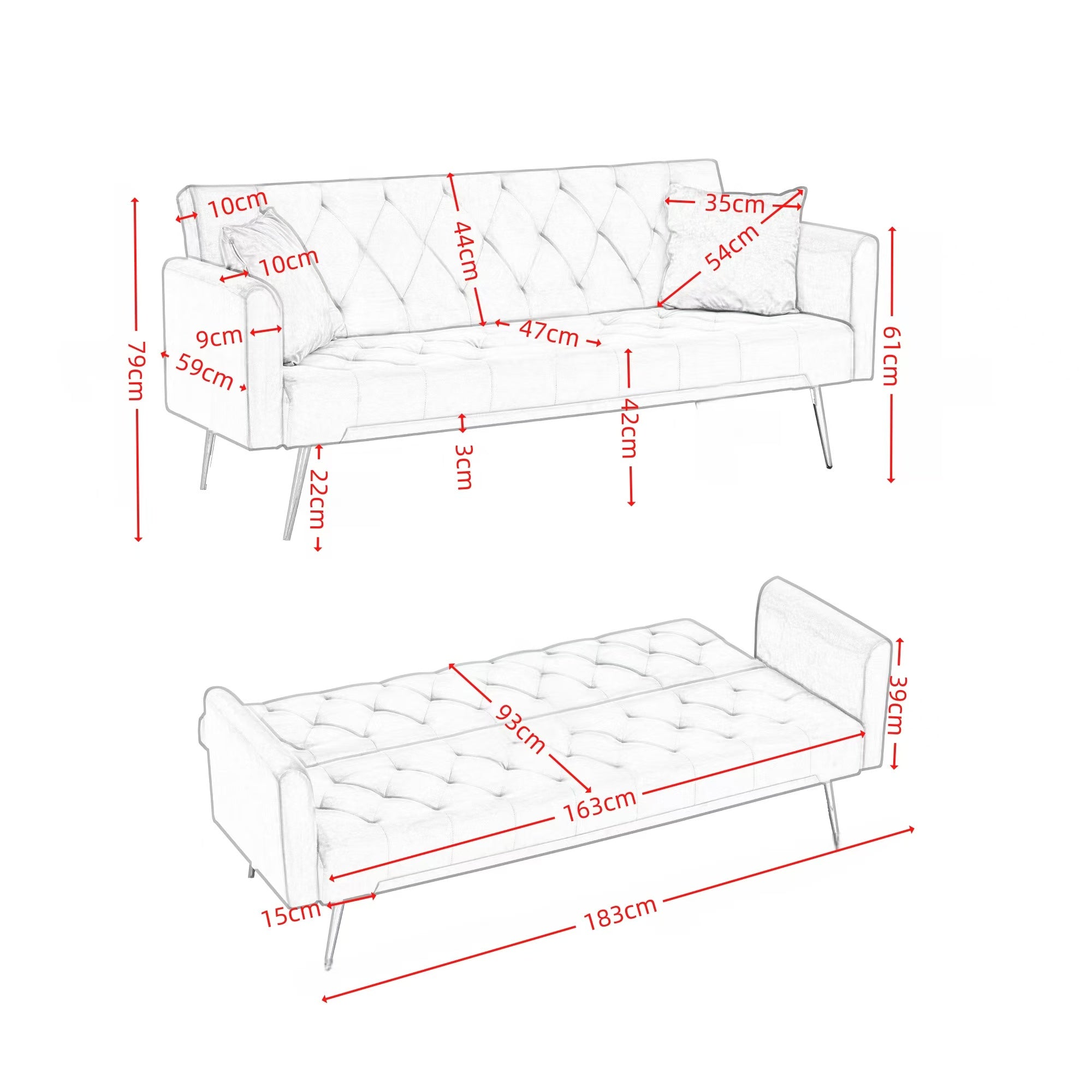 Modern convertible 72 inch foldable sleeper sofa with tufted