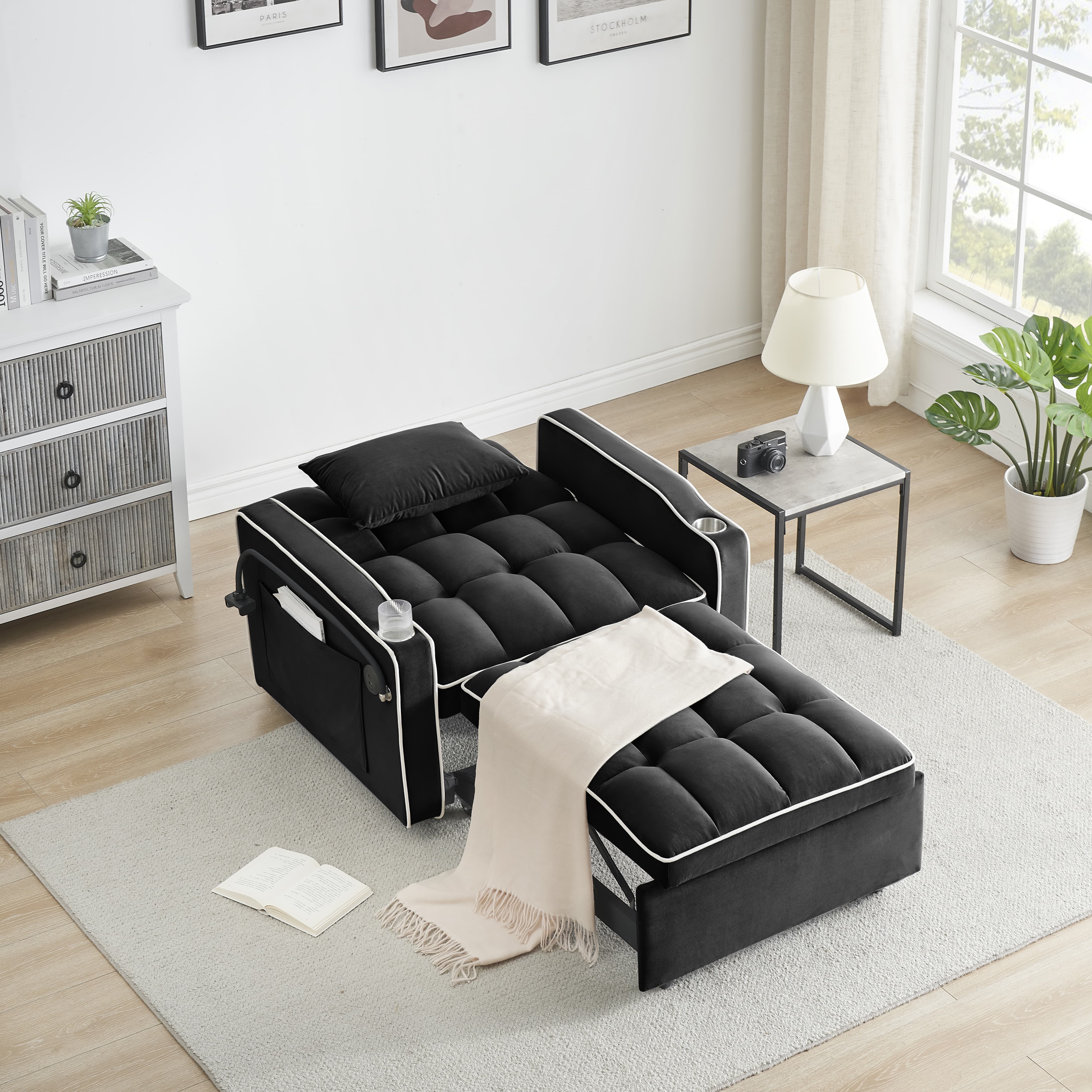 Single-seater Sofa Bed, Equipped with USB Ports and a Phone Holder