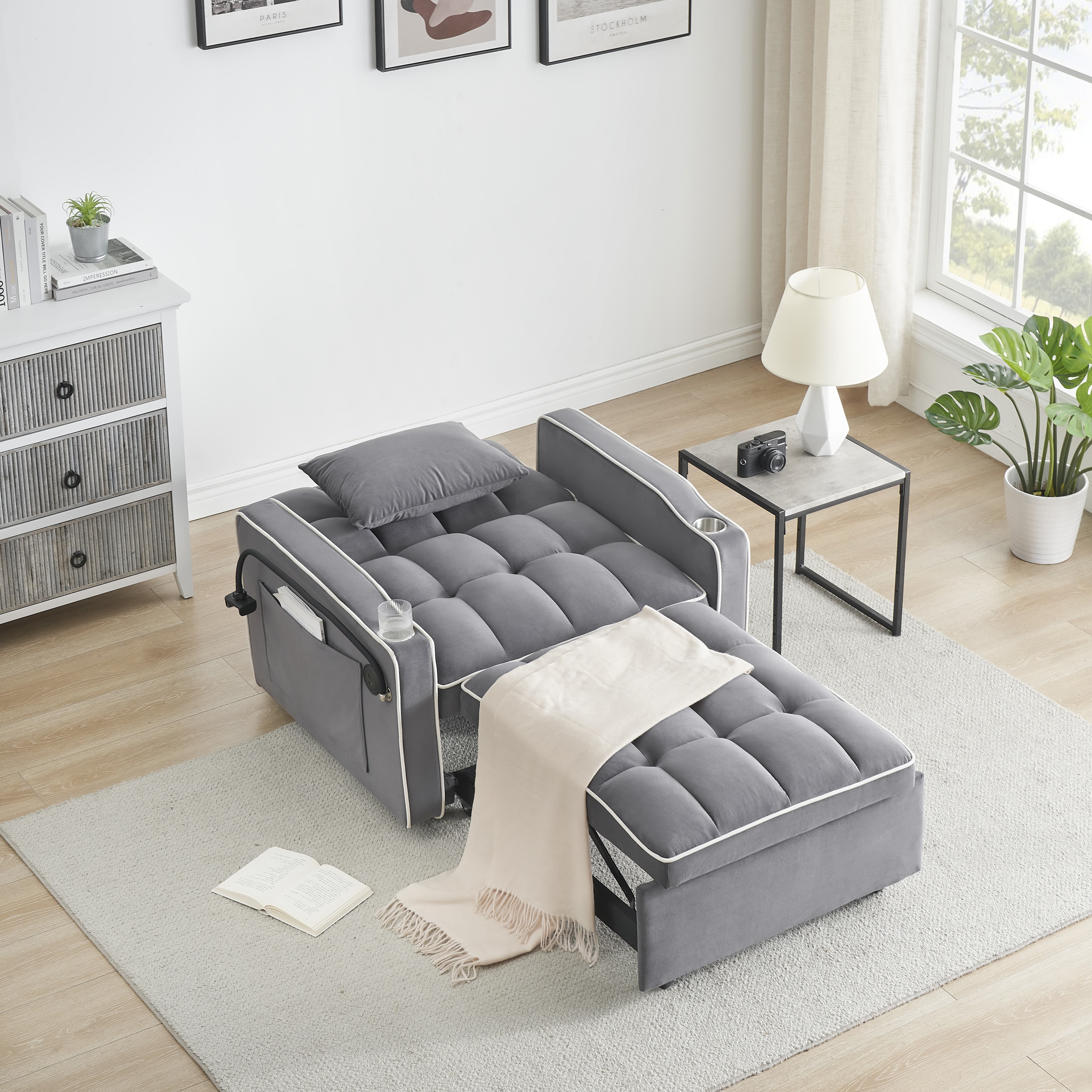 Single-seater Sofa Bed, Equipped with USB Ports and a Phone Holder