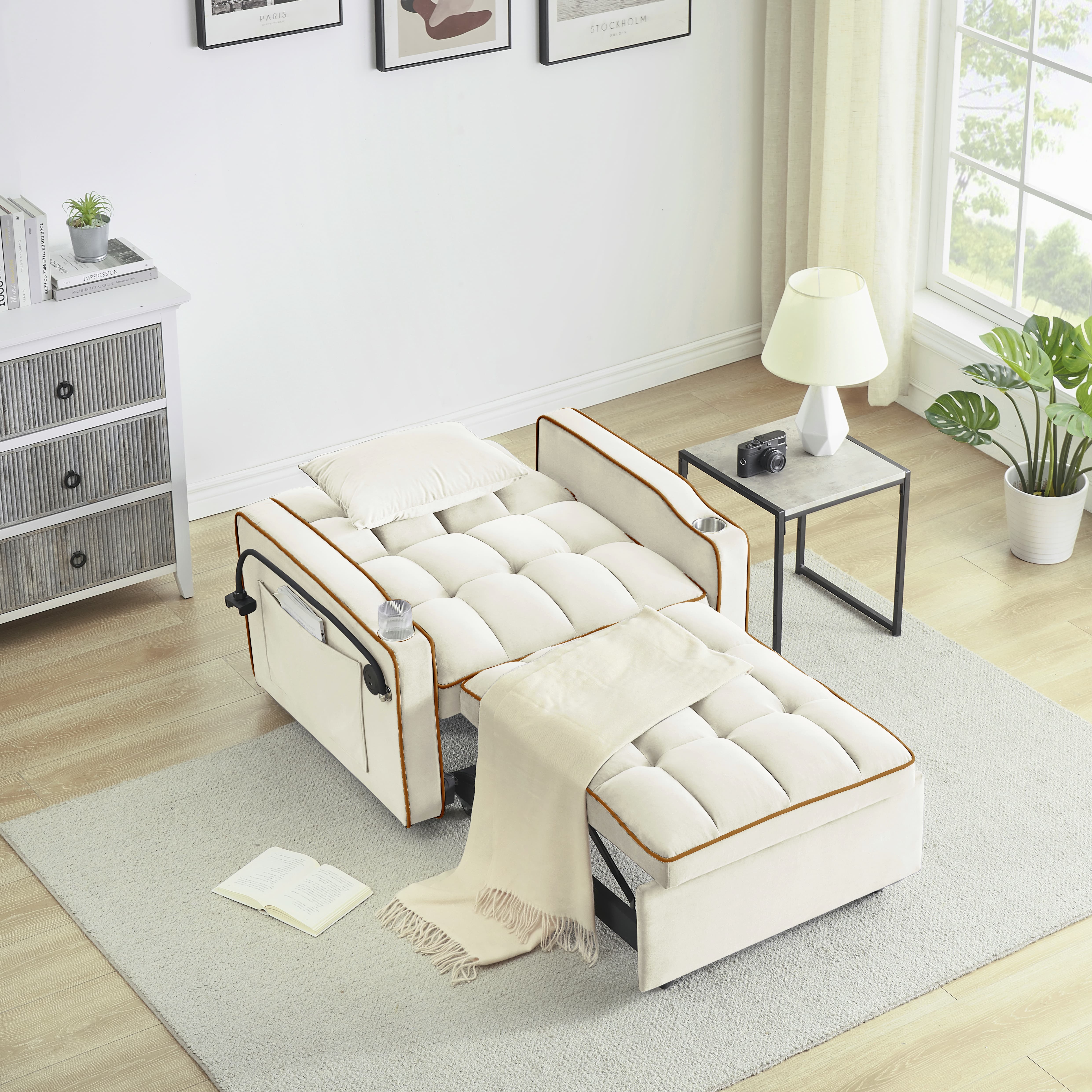 Single-seater Sofa Bed, Equipped with USB Ports and a Phone Holder