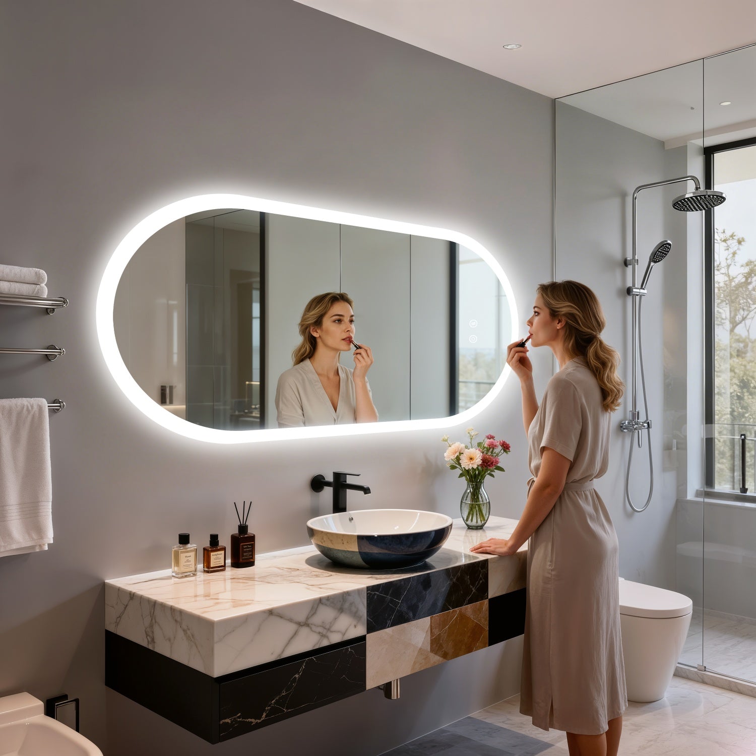 Long Oval LED Bathroom Mirror Backlit Vanity Makeup Mirror Antifog