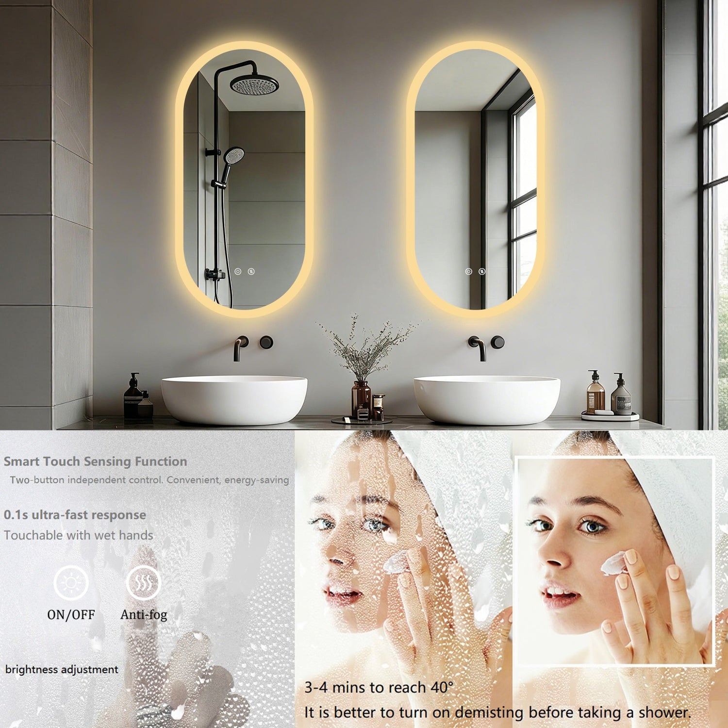 Long Oval LED Bathroom Mirror Backlit Vanity Makeup Mirror Antifog