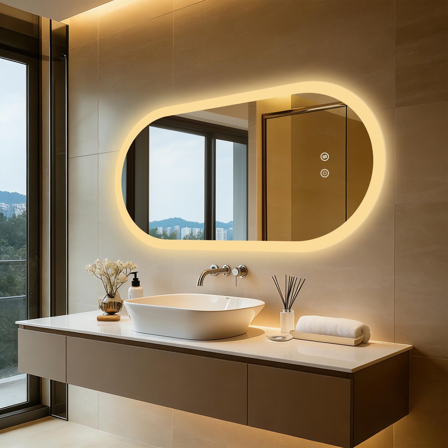 Long Oval LED Bathroom Mirror Backlit Vanity Makeup Mirror Antifog