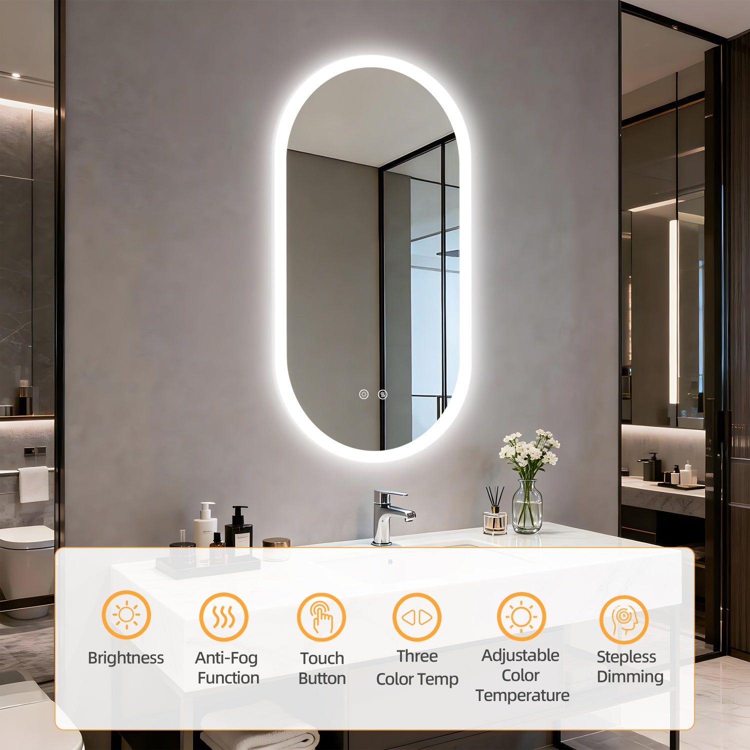 Long Oval LED Bathroom Mirror Backlit Vanity Makeup Mirror Antifog