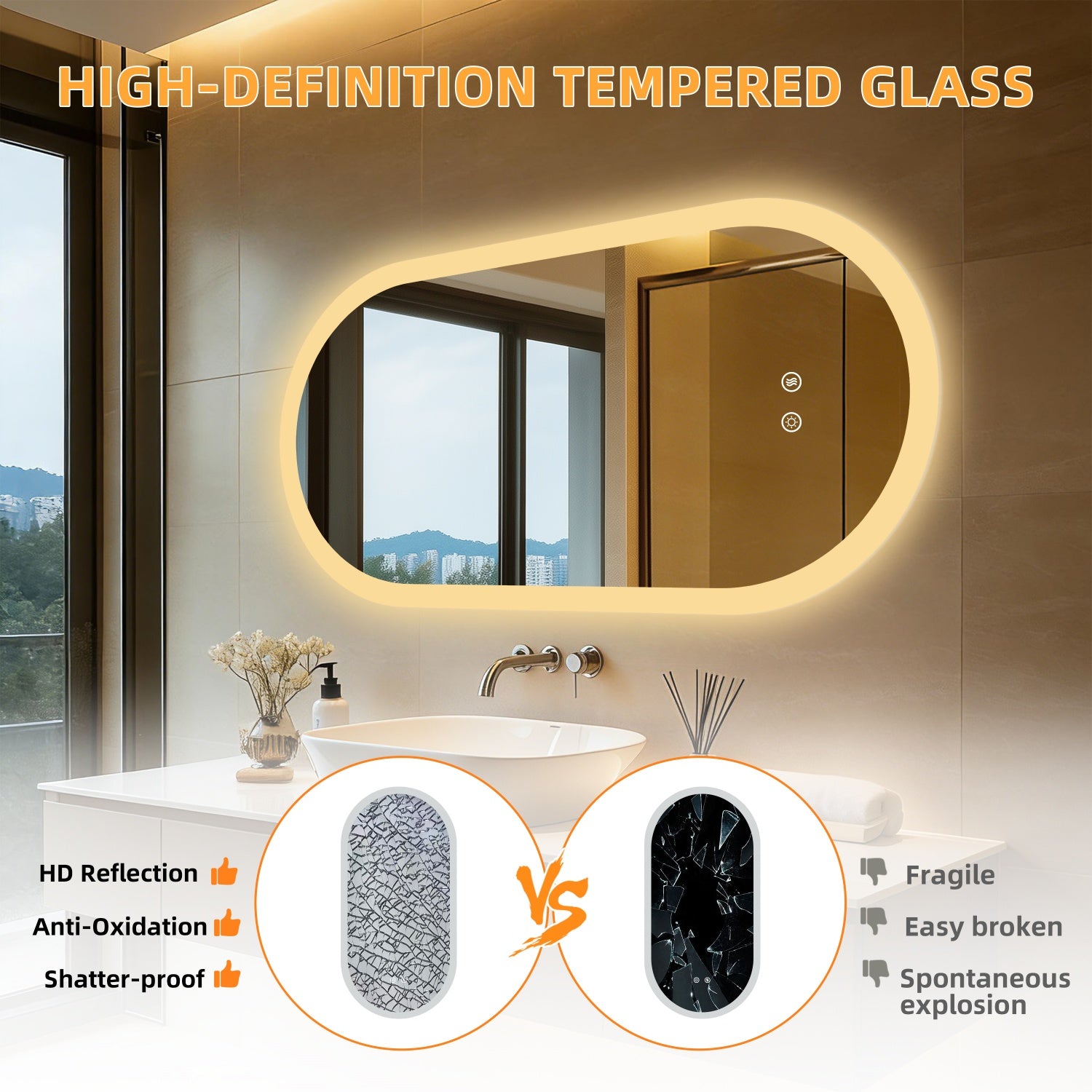 Long Oval LED Bathroom Mirror Backlit Vanity Makeup Mirror Antifog