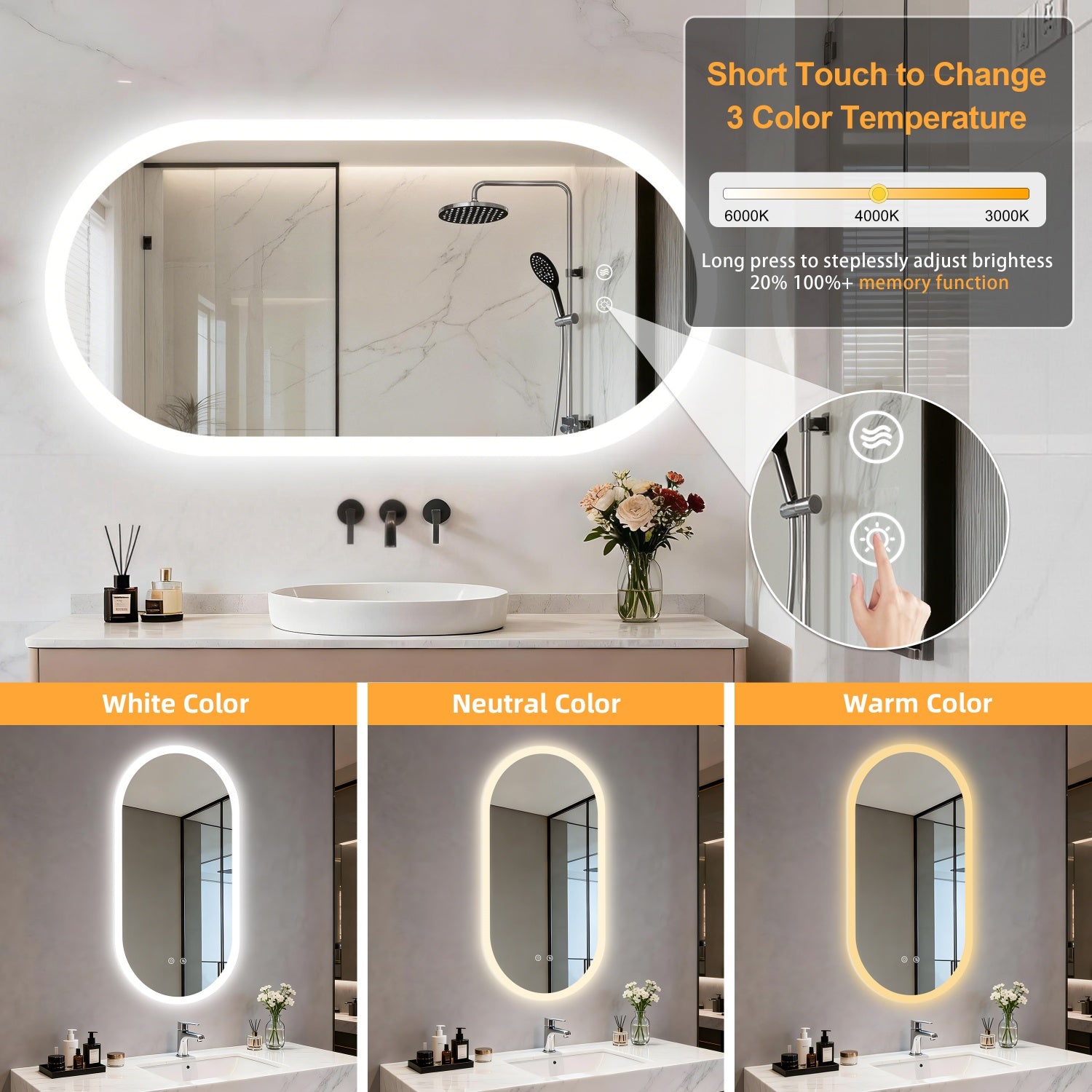 Long Oval LED Bathroom Mirror Backlit Vanity Makeup Mirror Antifog