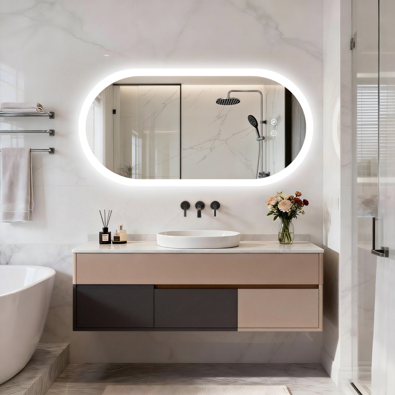 Long Oval LED Bathroom Mirror Backlit Vanity Makeup Mirror Antifog