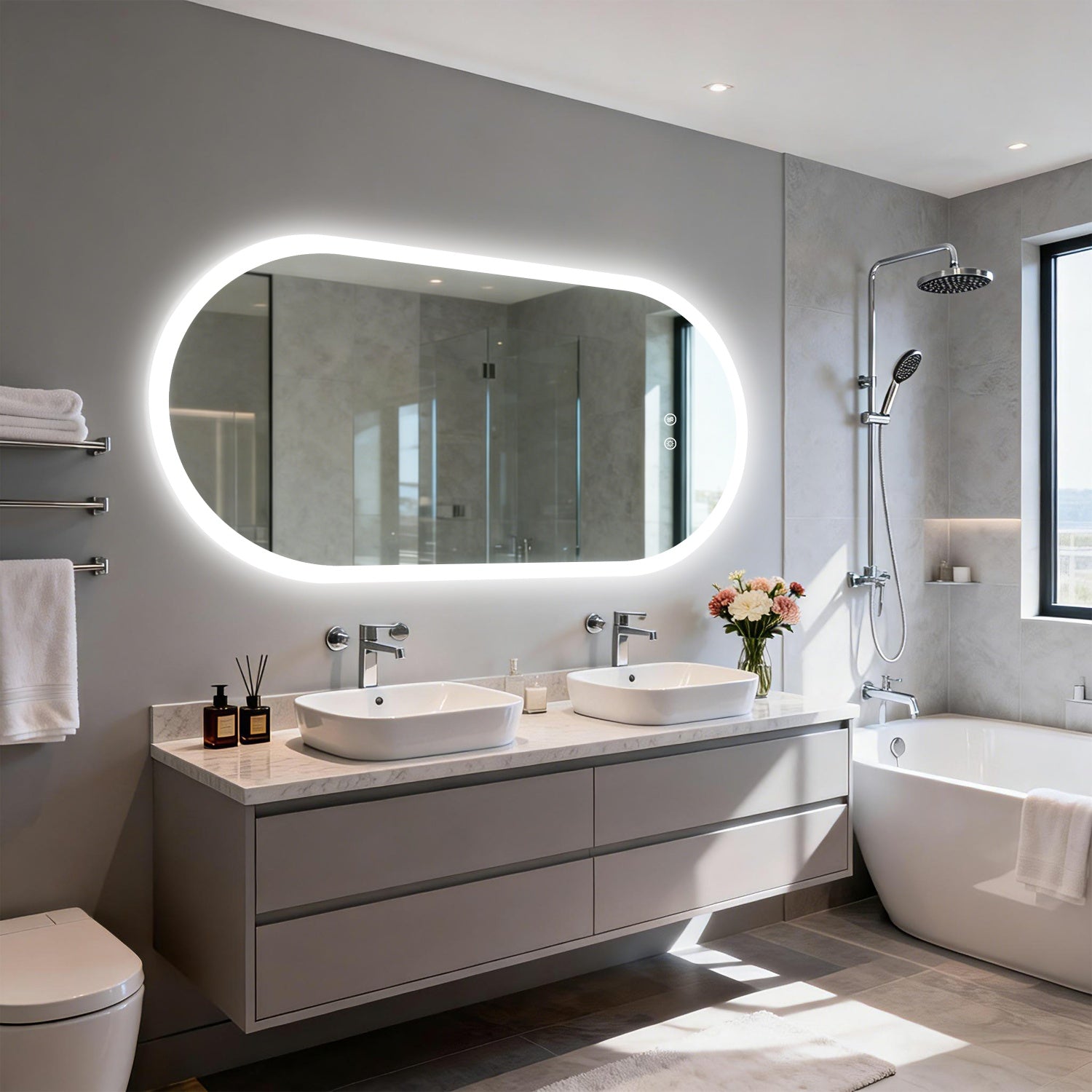 Long Oval LED Bathroom Mirror Backlit Vanity Makeup Mirror Antifog