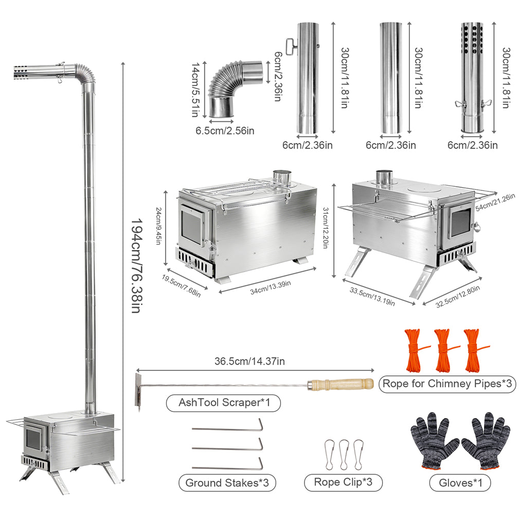 Stainless Steel Wood Stove Wood Burning Stove w/ Elbow Pipe