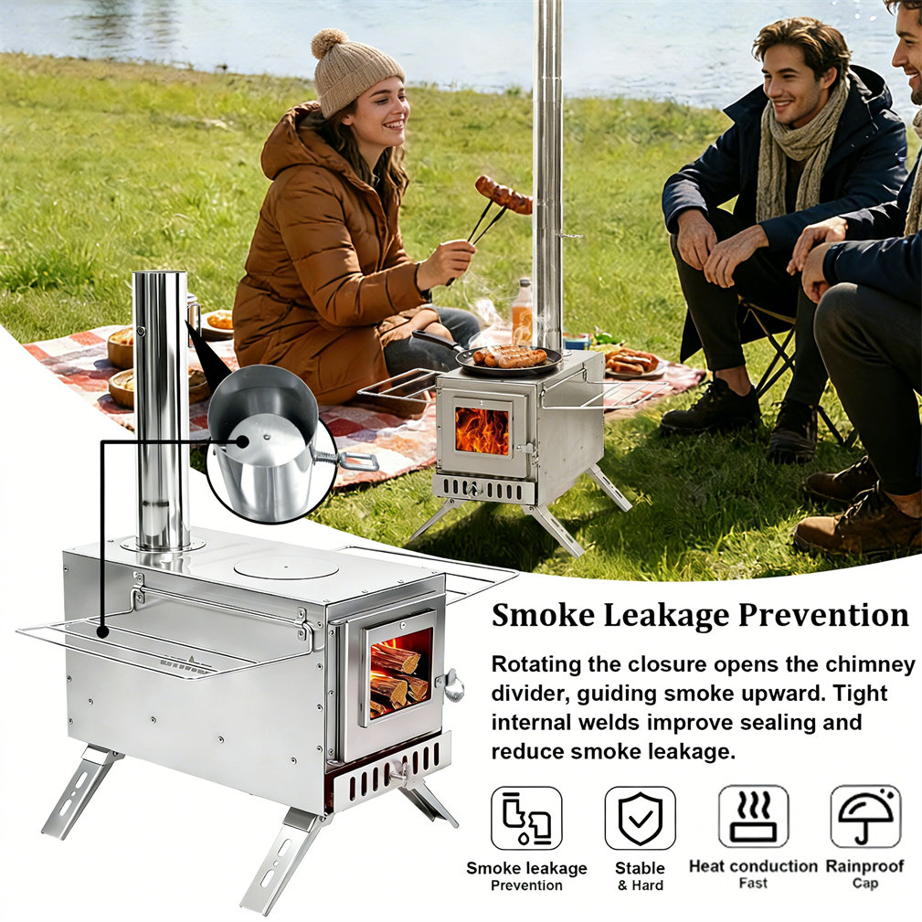 Stainless Steel Wood Stove Wood Burning Stove w/ Elbow Pipe