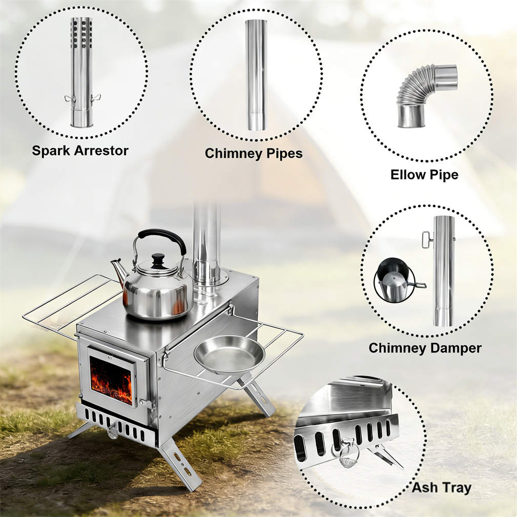 Stainless Steel Wood Stove Wood Burning Stove w/ Elbow Pipe
