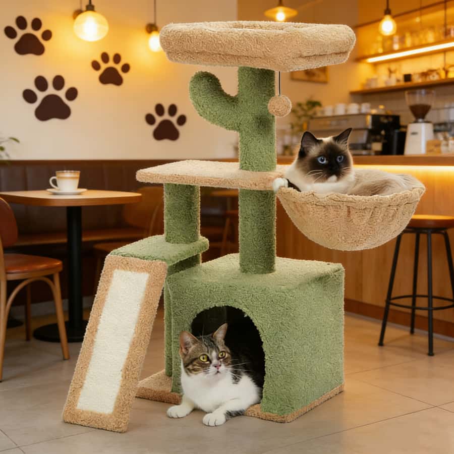 Cactus Cat Tree, Multi-Level Cat Tower with Scratching Ramp, Condo & H