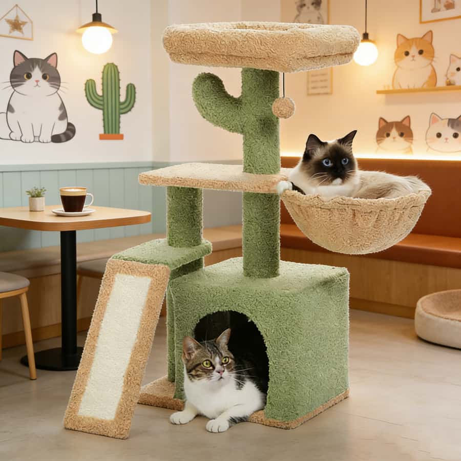 Cactus Cat Tree, Multi-Level Cat Tower with Scratching Ramp, Condo & H