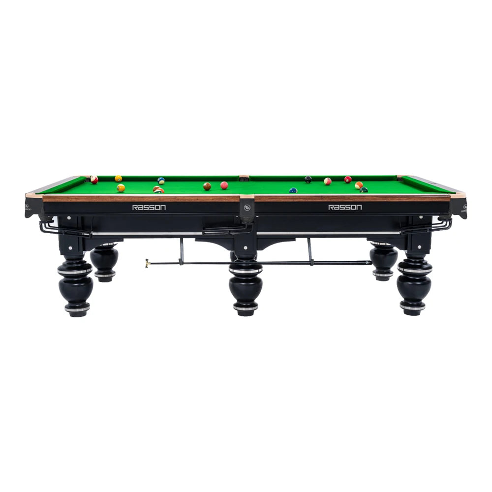 Snooker table with green baize and black frame on a white background