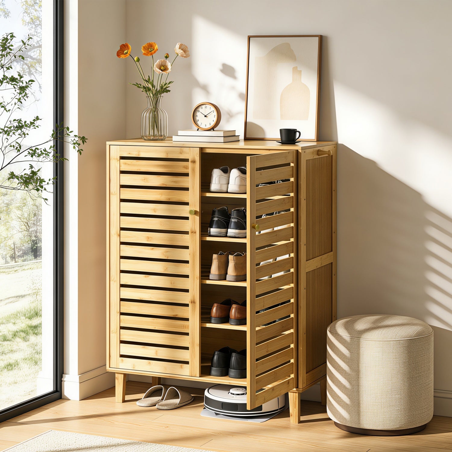 5 Tier Natural Wood Shoe Storage Cabinet Organizer Wooden Shoes Rack