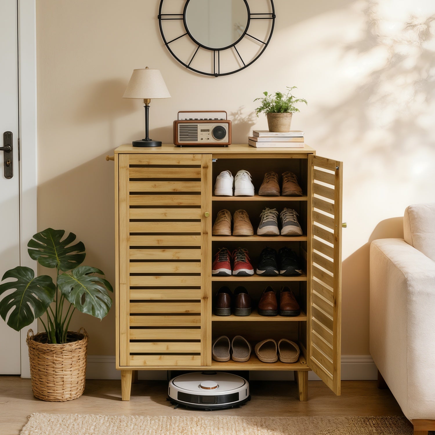 5 Tier Natural Wood Shoe Storage Cabinet Organizer Wooden Shoes Rack