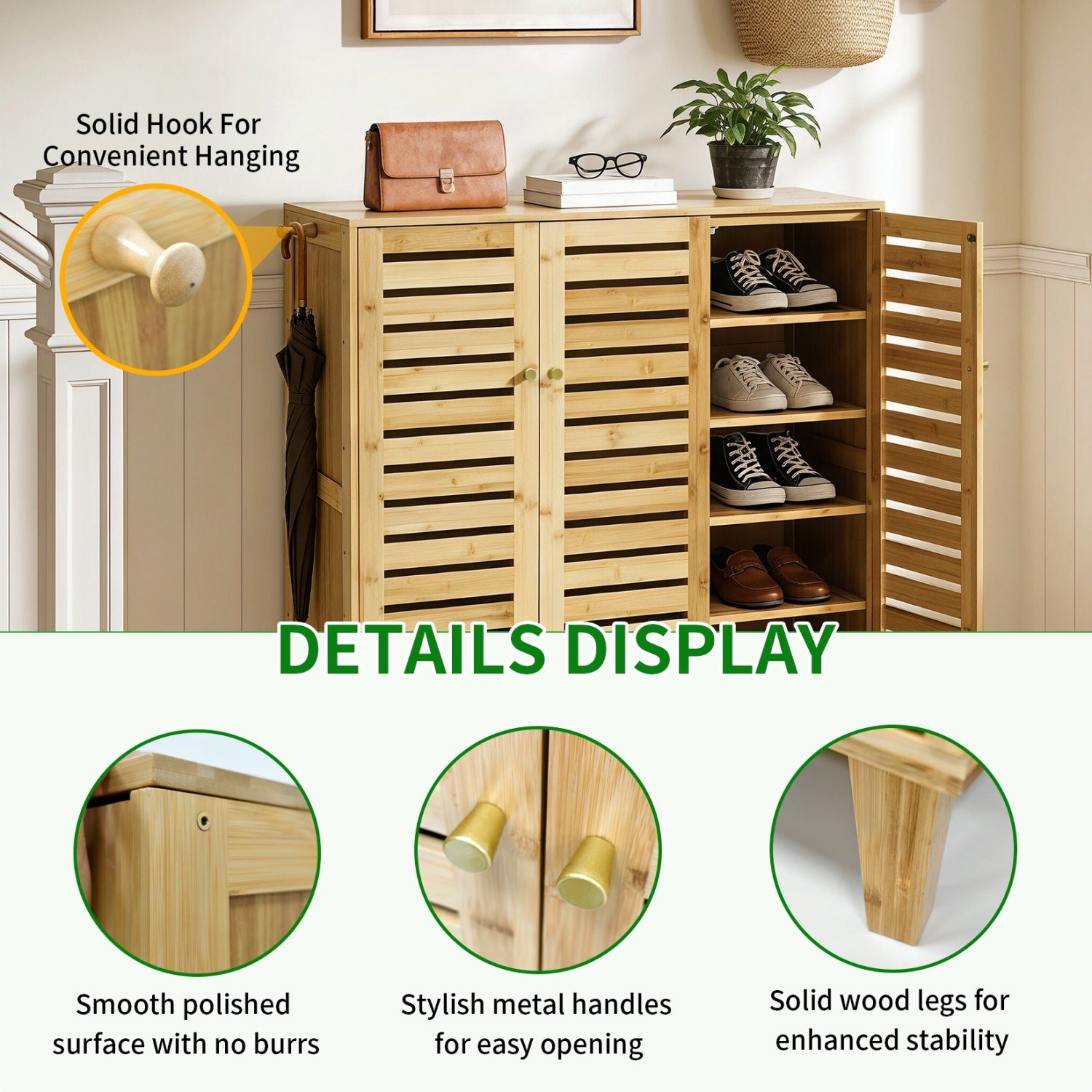 5 Tier Natural Wood Shoe Storage Cabinet Organizer Wooden Shoes Rack