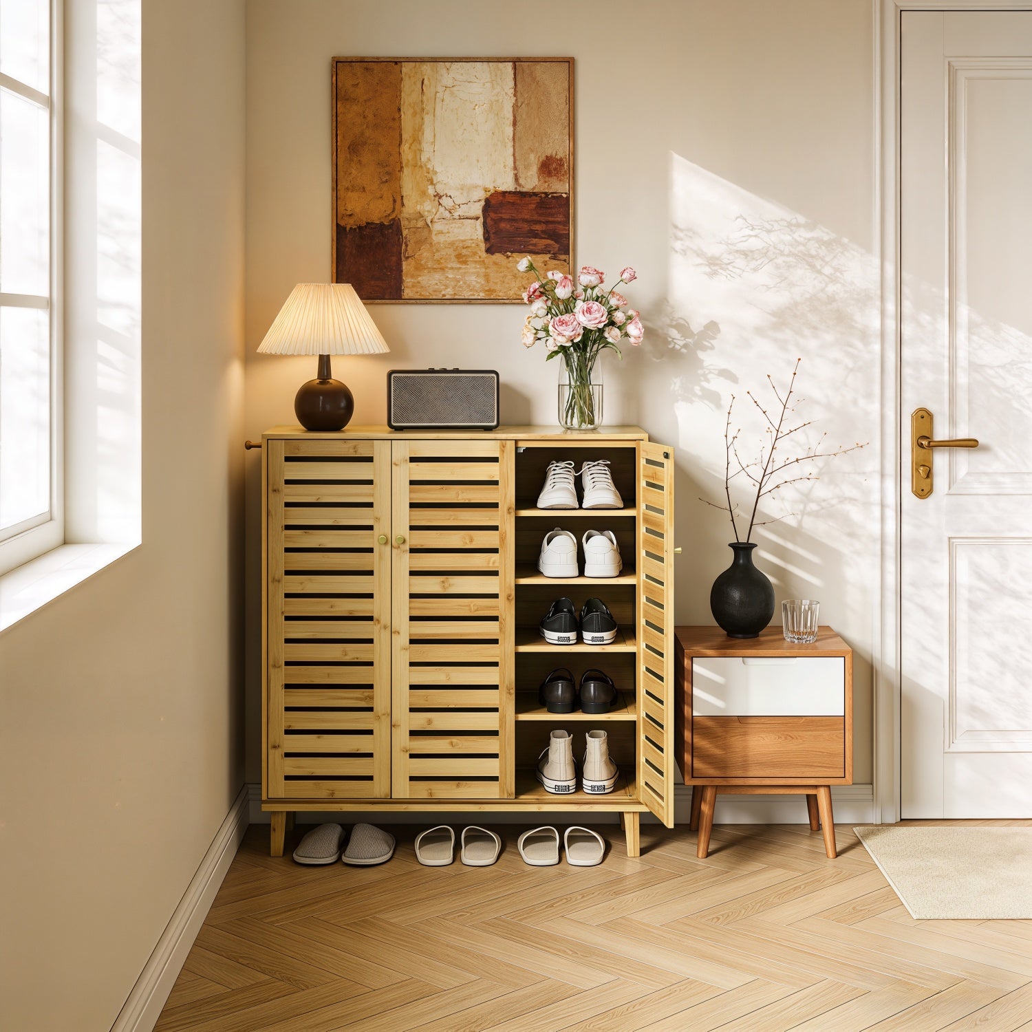 5 Tier Natural Wood Shoe Storage Cabinet Organizer Wooden Shoes Rack
