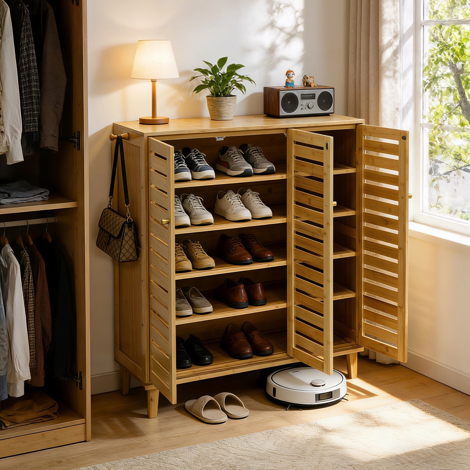 5 Tier Natural Wood Shoe Storage Cabinet Organizer Wooden Shoes Rack