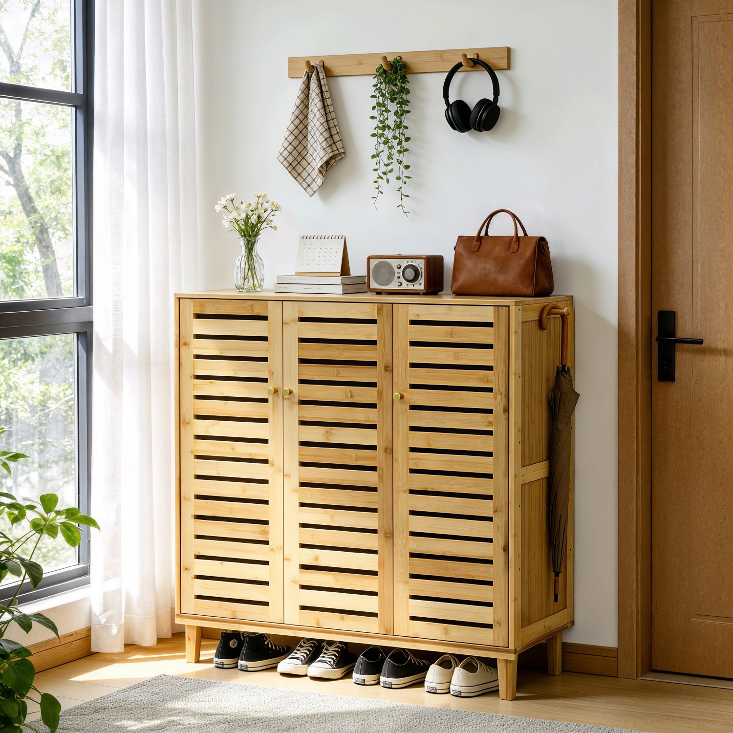 5 Tier Natural Wood Shoe Storage Cabinet Organizer Wooden Shoes Rack