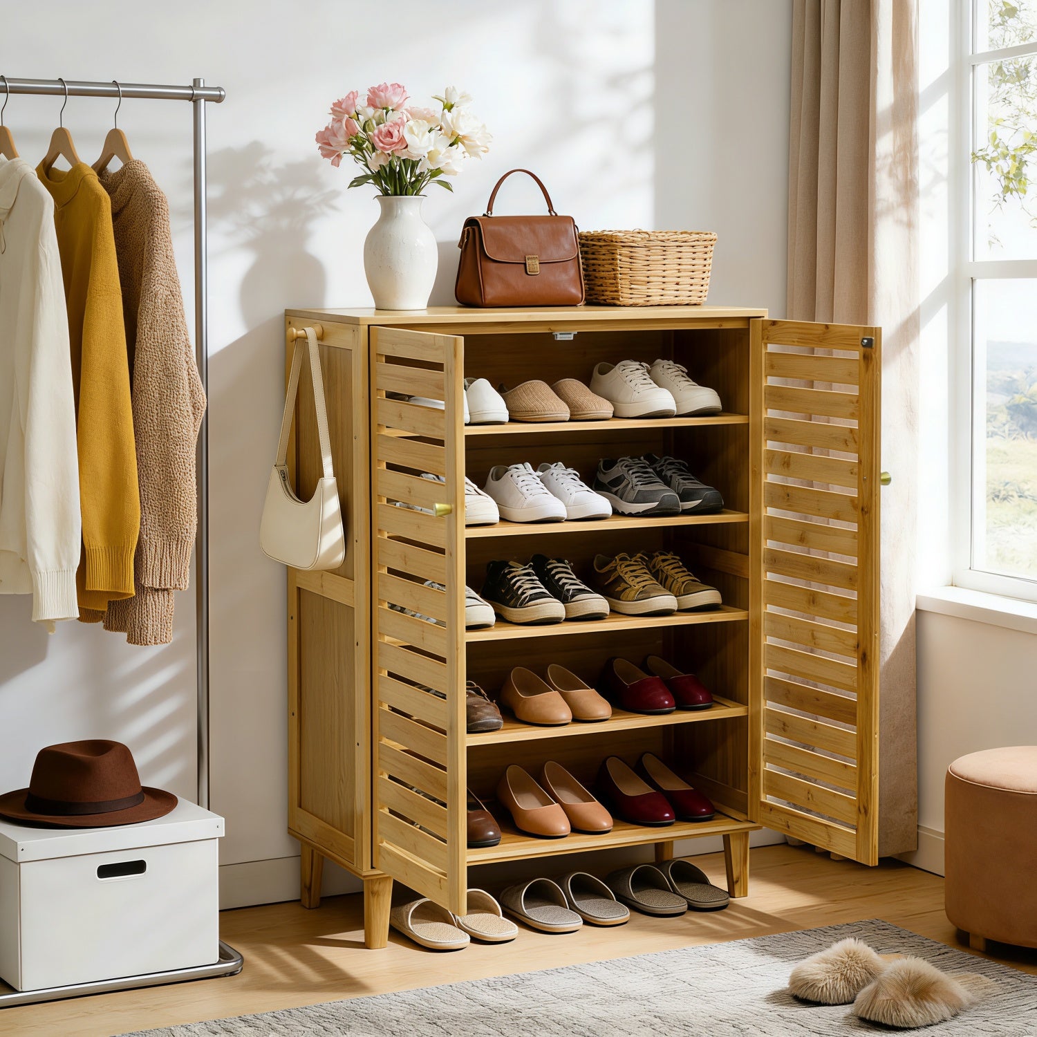 5 Tier Natural Wood Shoe Storage Cabinet Organizer Wooden Shoes Rack
