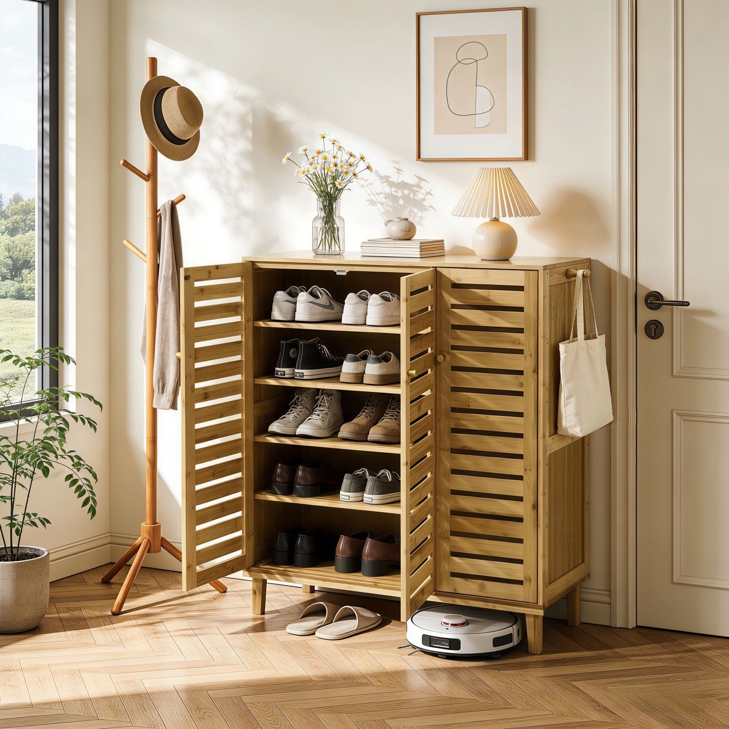 5 Tier Natural Wood Shoe Storage Cabinet Organizer Wooden Shoes Rack