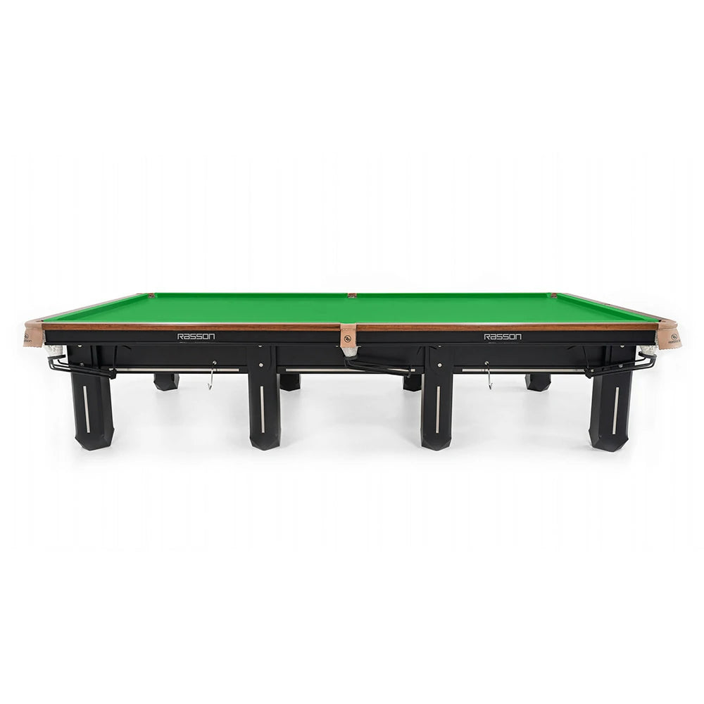 Snooker table with green felt and black frame on a white background