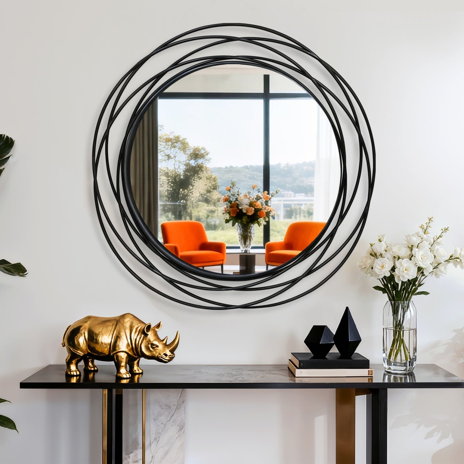 80CM Black Metal Wire Frame Round Wall Mirror Art Mirror fr Home Decor