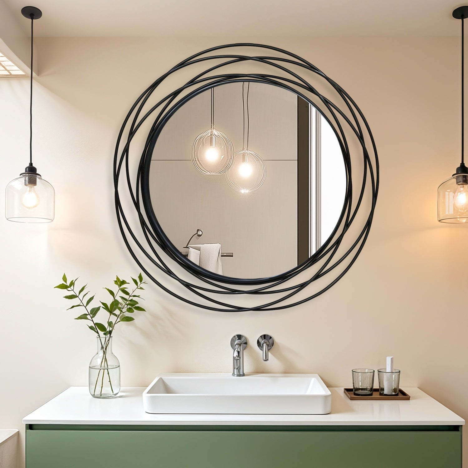80CM Black Metal Wire Frame Round Wall Mirror Art Mirror fr Home Decor
