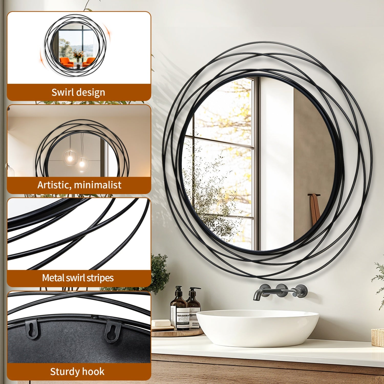 80CM Black Metal Wire Frame Round Wall Mirror Art Mirror fr Home Decor